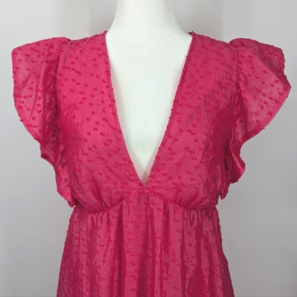 Chelsea28 Hot Pink Ruffle Cap Sleeve Deep V-Neck Organza Midi Dress Medium - Picture 5 of 8